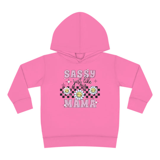 Toddler hoodie with a smiley face and flowers, designed for comfort and durability. Features jersey-lined hood, cover-stitched details, and side seam pockets for coziness. Sassy Like My Mama Toddler Hoodie by Worlds Worst Tees.