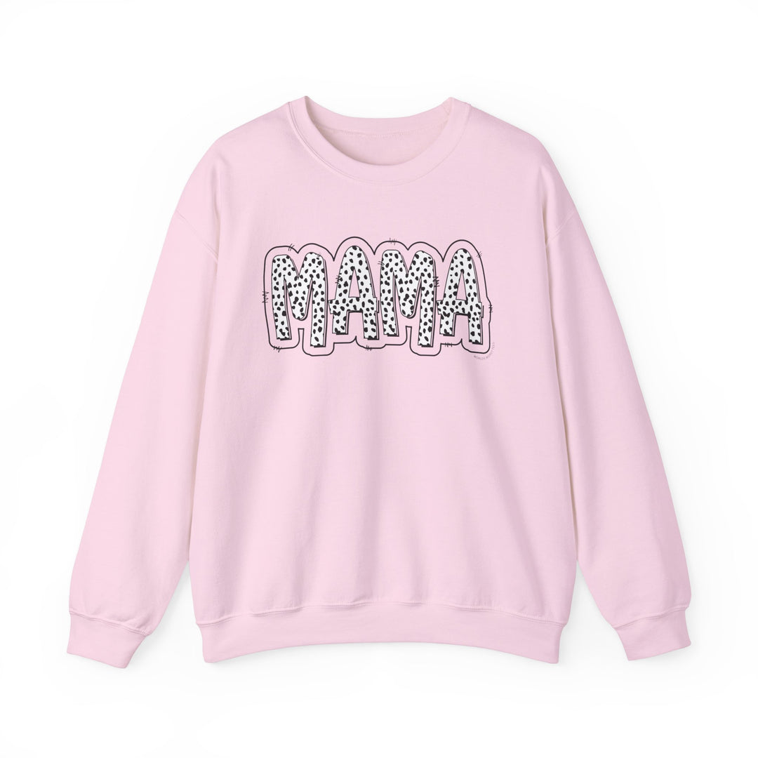 A Mama Print Crew unisex sweatshirt in pink with black text. Made of 50% Cotton 50% Polyester blend, ribbed knit collar, and no itchy side seams. Comfortable and stylish for any occasion.