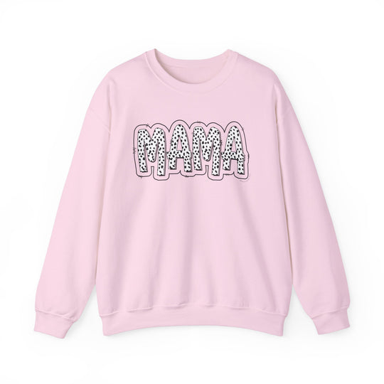 A Mama Print Crew unisex sweatshirt in pink with black text. Made of 50% Cotton 50% Polyester blend, ribbed knit collar, and no itchy side seams. Comfortable and stylish for any occasion.