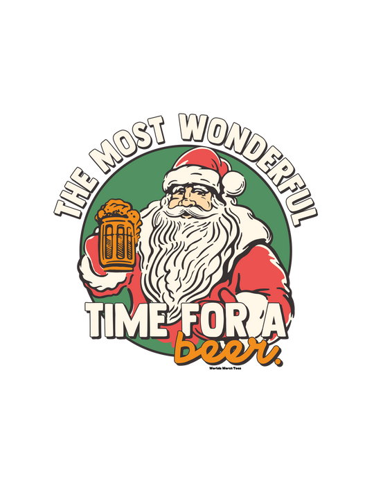 A festive Santa Claus holding a beer graphic tee in a relaxed fit, crafted from 80% ring-spun cotton and 20% polyester blend. Unisex, garment-dyed sweatshirt from Worlds Worst Tees.