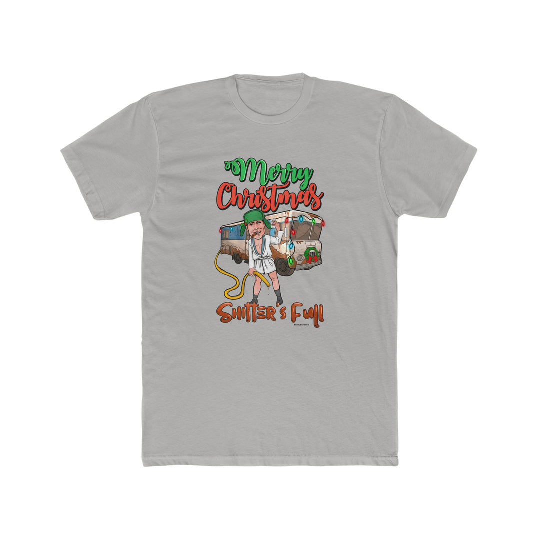 A grey tee featuring a humorous cartoon character. Men's premium fitted short sleeve tee, 100% combed cotton, light fabric, ideal for workouts or daily wear. Title: Shitter's Full Tee.