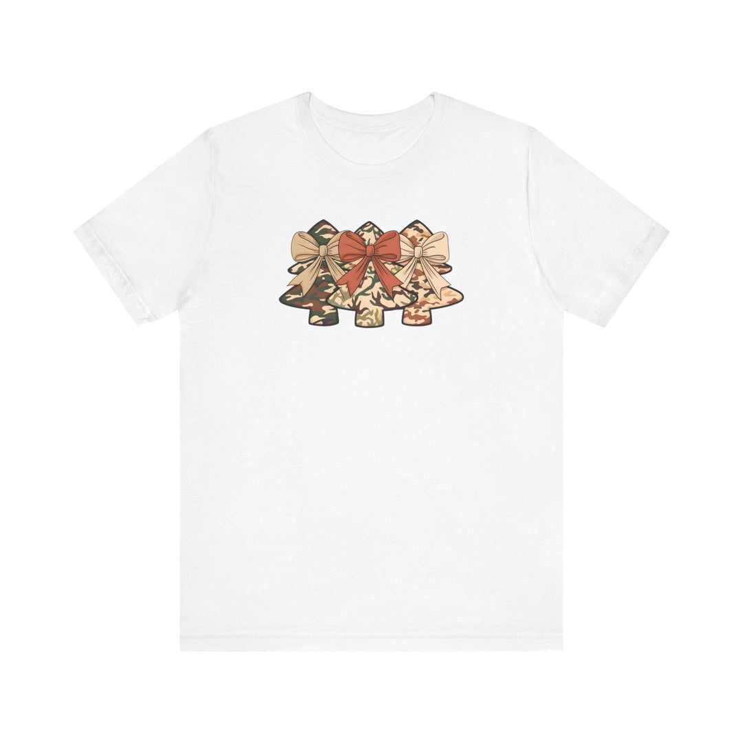 Camo Christmas Tree Tee featuring three camouflage-patterned ornaments with bows on a soft, white jersey shirt, offering a comfortable fit with durable construction.