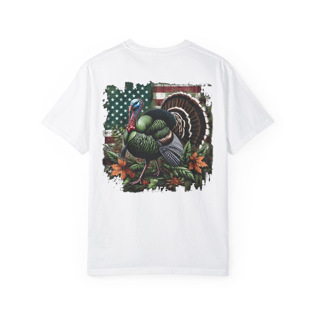A white Turkey Hunting Tee, 100% ring-spun cotton, medium weight, relaxed fit. Garment-dyed with double-needle stitching for durability and tubular shape retention. Ideal for daily wear.