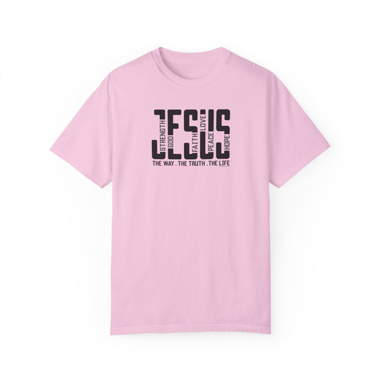 A relaxed fit Jesus Tee in pink with black text, made of 100% ring-spun cotton. Garment-dyed for extra coziness, double-needle stitching for durability, and no side-seams for shape retention.