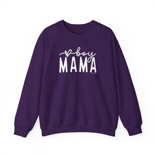 Unisex Boy Mama Crew sweatshirt: Purple with white text. Heavy blend of 50% cotton, 50% polyester. Ribbed knit collar, no itchy seams. Loose fit, true to size. Ideal comfort for any occasion.