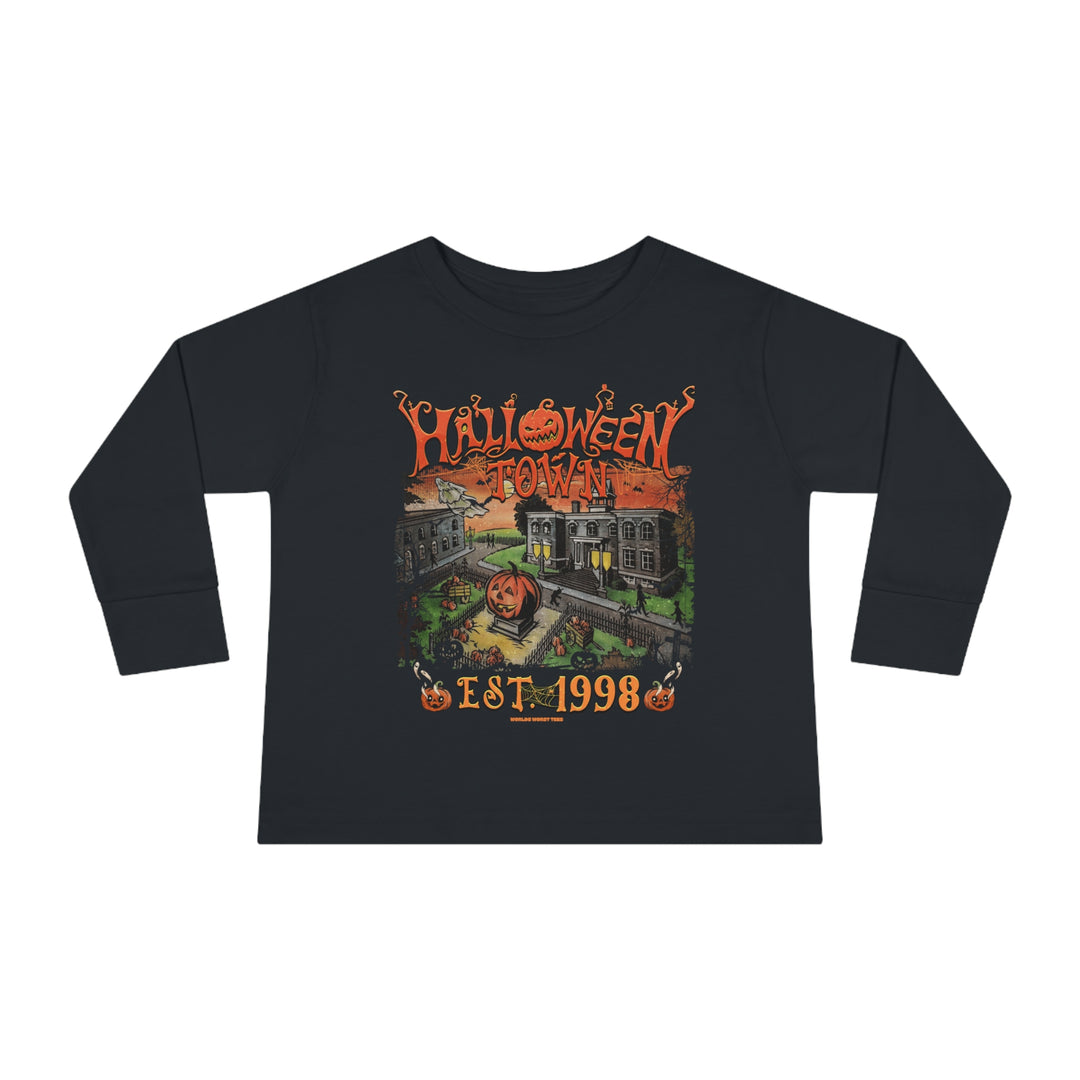 A black toddler long-sleeve tee featuring a pumpkin and building graphic. Made of 100% combed ringspun cotton, with ribbed collar and EasyTear™ label for comfort and durability. From 'Worlds Worst Tees'.
