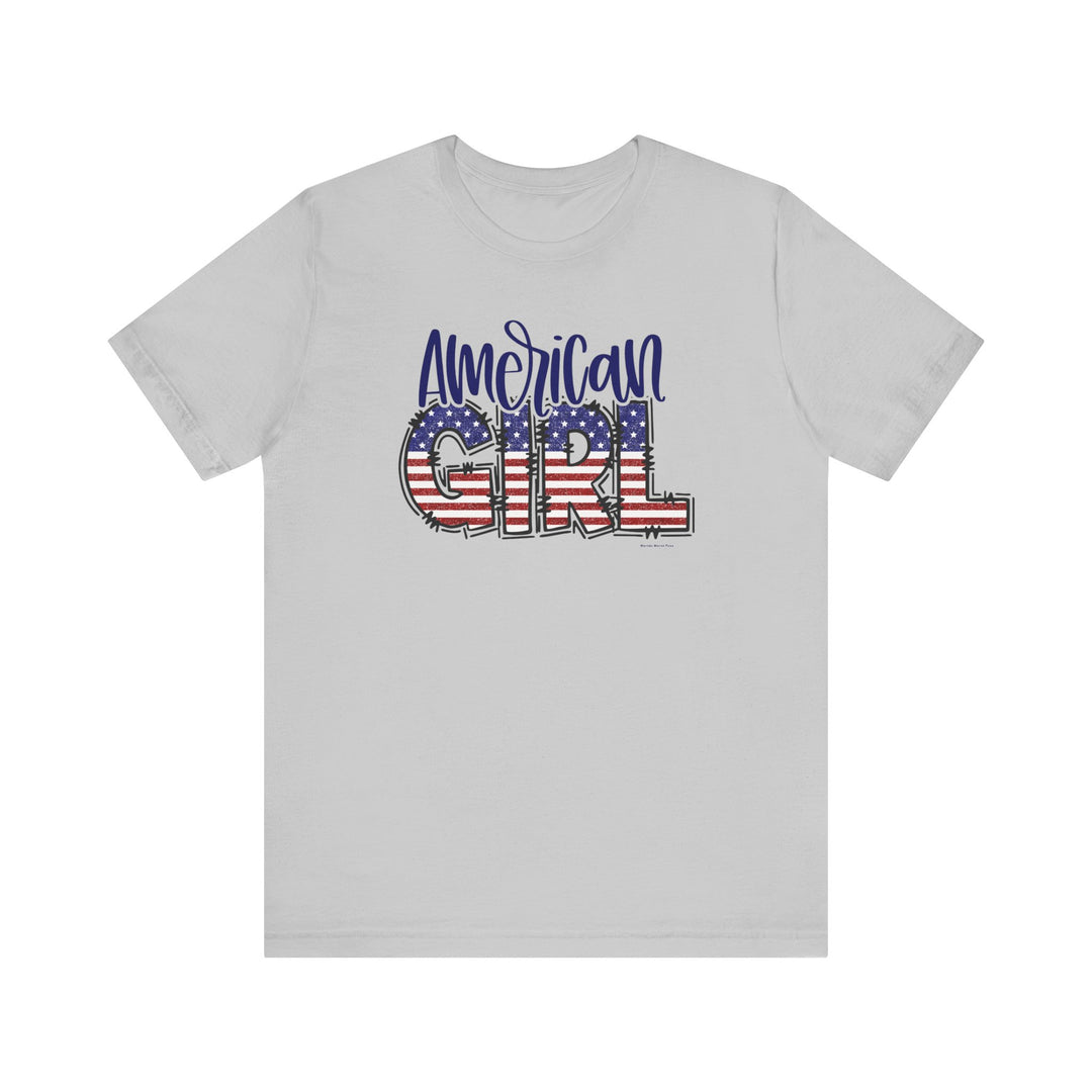 American flag graphic tee with ribbed knit collar, 100% cotton, retail fit, tear away label. Unisex jersey short sleeve tee in light fabric, featuring taping on shoulders and dual side seams for durability.