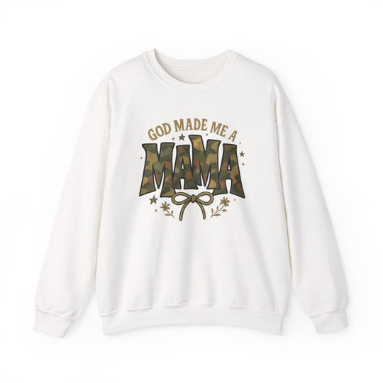 White crew-neck sweatshirt featuring GOD MADE ME A MAMA with camouflage and gold accents, offering comfort and durability, ideal for casual wear.