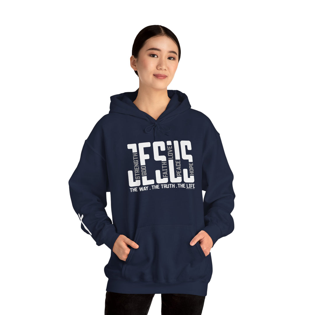 A Jesus Hoodie in blue, featuring a woman in a hooded sweatshirt with white text. Unisex, heavy blend fabric for warmth and comfort, with kangaroo pocket and matching drawstring. Classic fit, tear-away label, true to size.