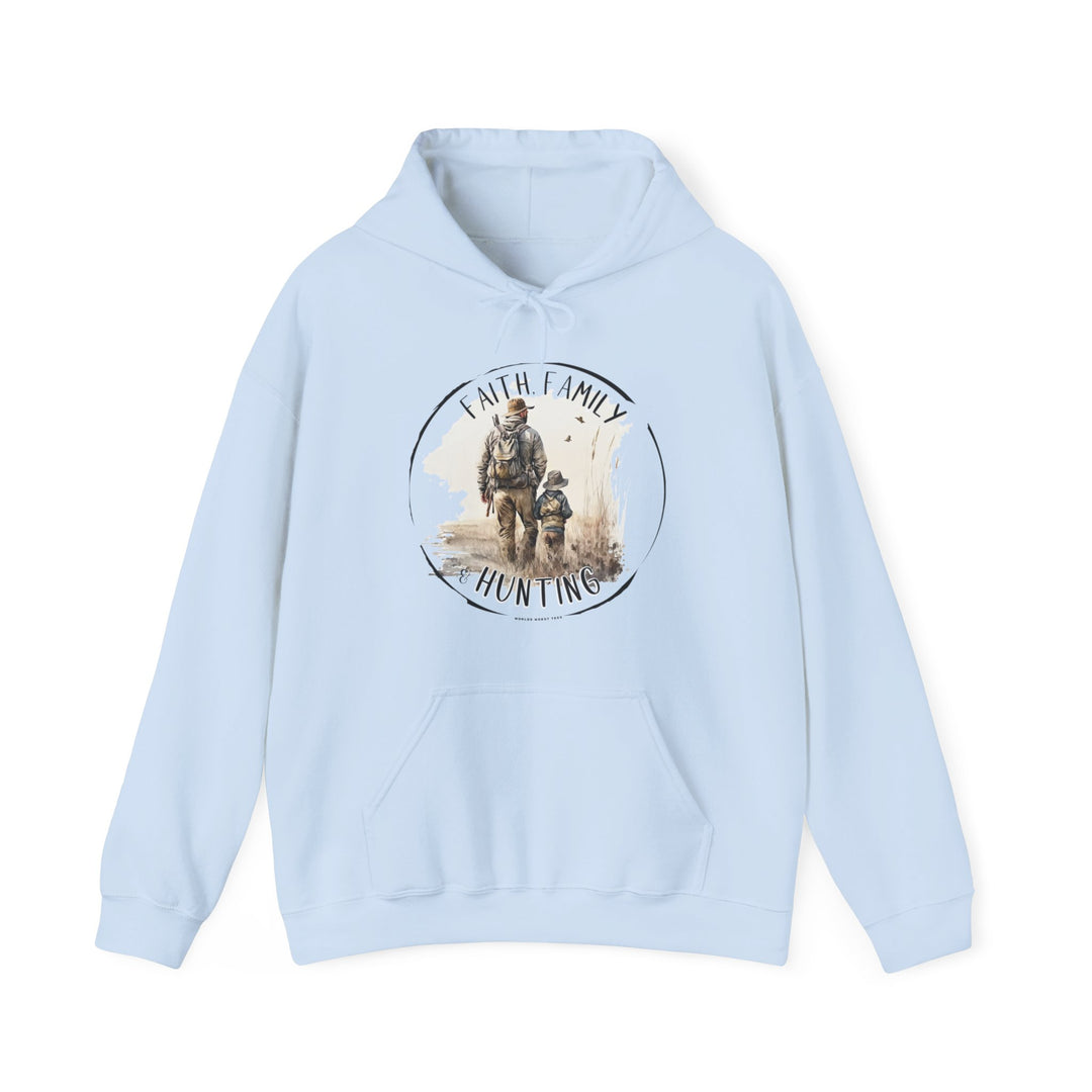 A light blue Faith Family Hunting Hoodie featuring a man riding a horse. Unisex heavy blend sweatshirt, cotton-polyester fabric, kangaroo pocket, drawstring hood. Ideal for warmth and comfort. From Worlds Worst Tees.