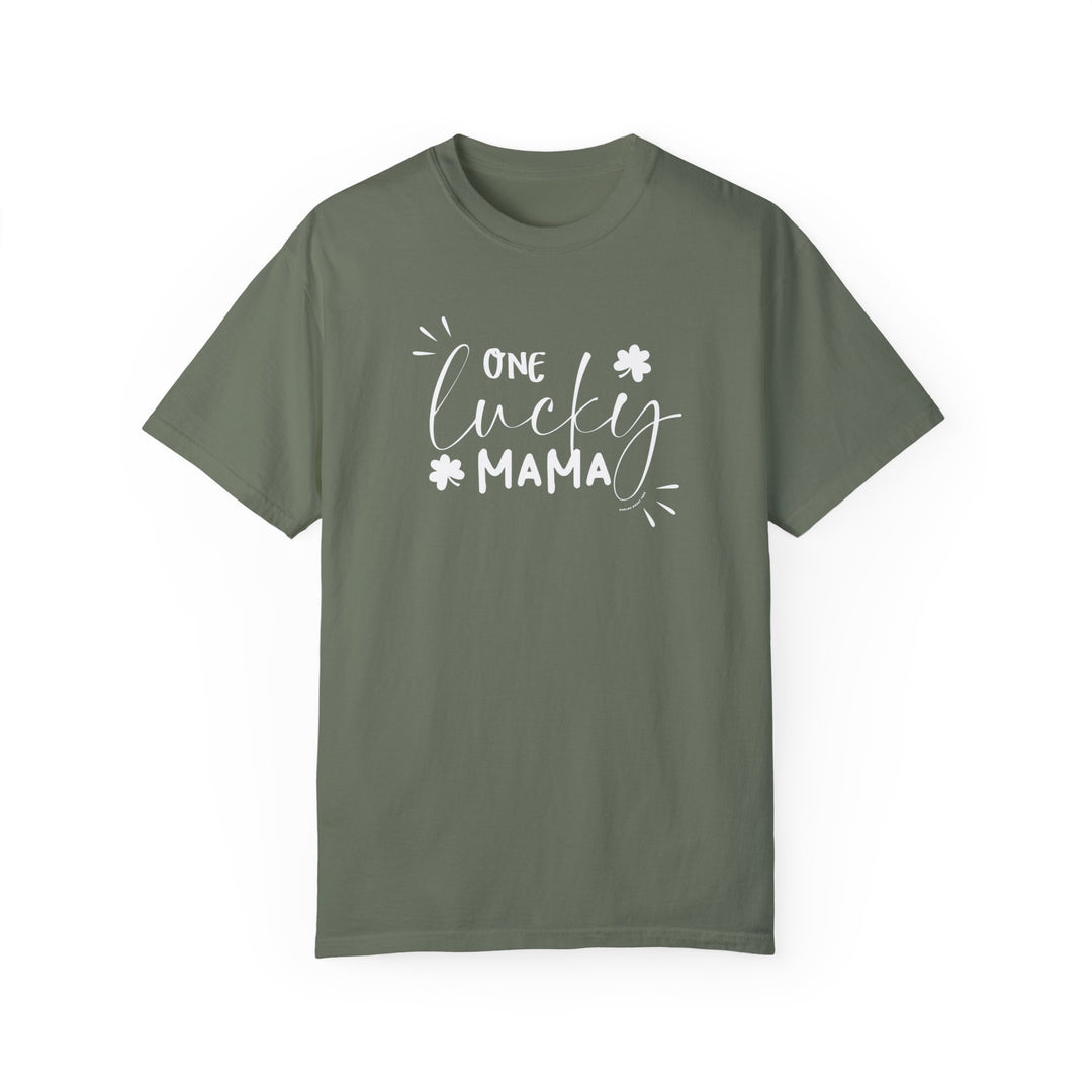 A relaxed fit One Lucky Mama Tee, garment-dyed with ring-spun cotton for coziness. Double-needle stitching ensures durability, while seamless sides maintain its tubular shape.