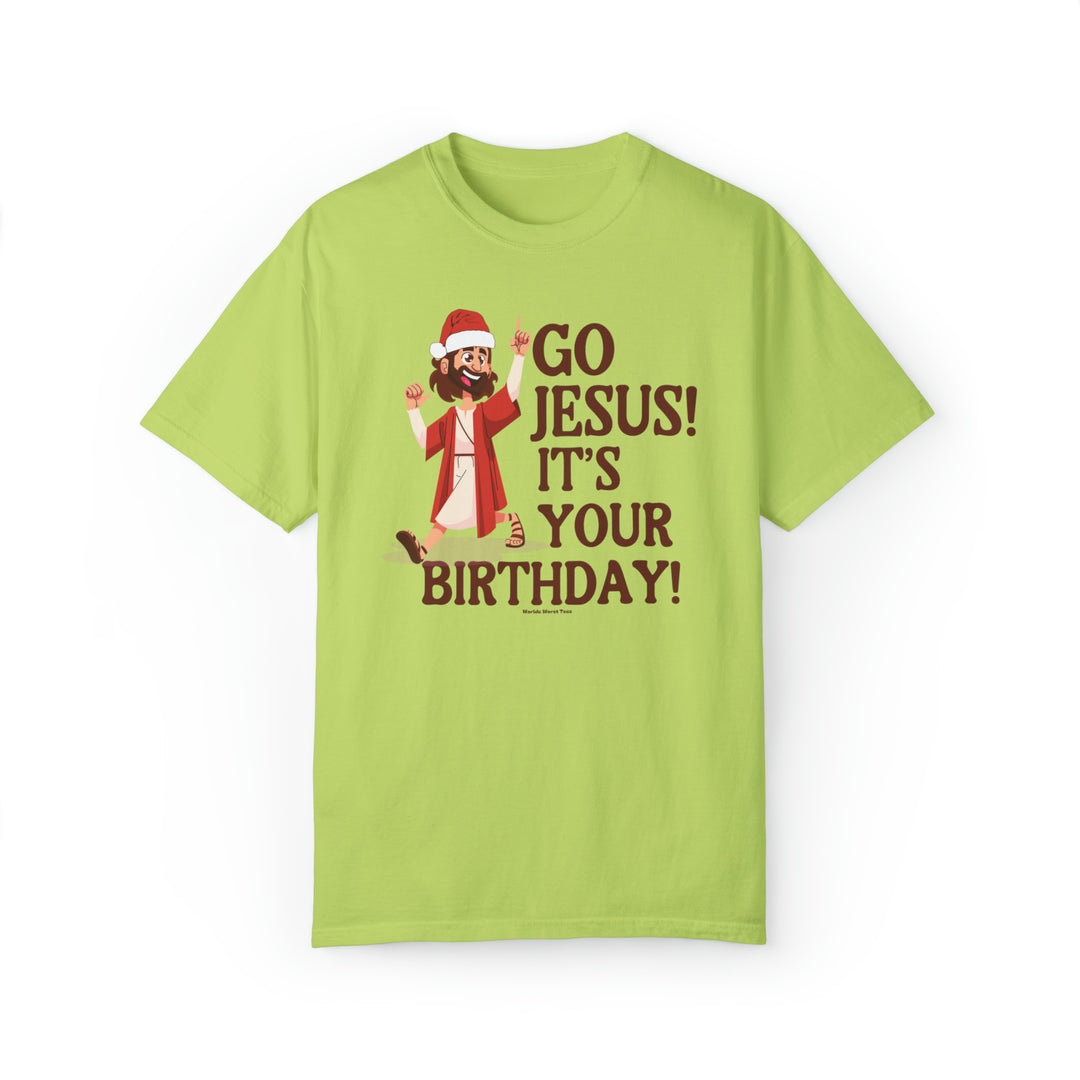 A green shirt featuring a cartoon character pointing up, titled Go Jesus it's your birthday Tee. Unisex sweatshirt made of 80% ring-spun cotton and 20% polyester, with a relaxed fit and rolled-forward shoulder.