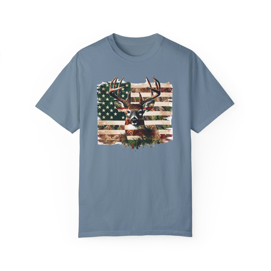Deer Flag Tee: A relaxed-fit t-shirt featuring a deer and flag design. Made of 100% ring-spun cotton with double-needle stitching for durability. Ideal for daily wear with a cozy feel.