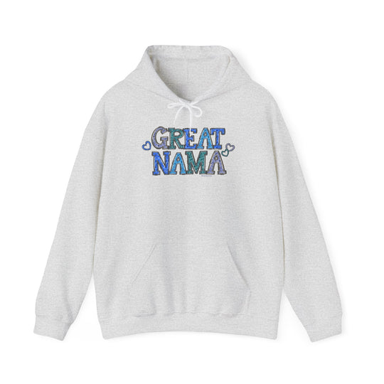 A white hooded sweatshirt with blue text, the Great Nama Hoodie. Unisex, cotton-polyester blend, cozy and warm. Features kangaroo pocket and matching drawstring. Perfect for chilly days.