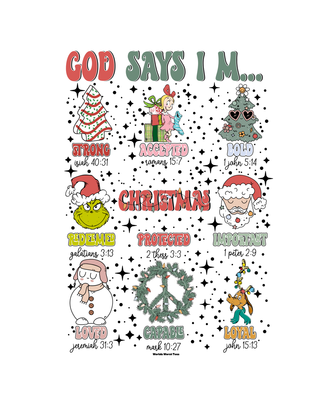 A cozy unisex crewneck sweatshirt titled God Says I'm Crew in medium-heavy fabric with ribbed knit collar. No itchy side seams, ideal for comfort. Features a snowman, Santa Claus, and Christmas tree design.