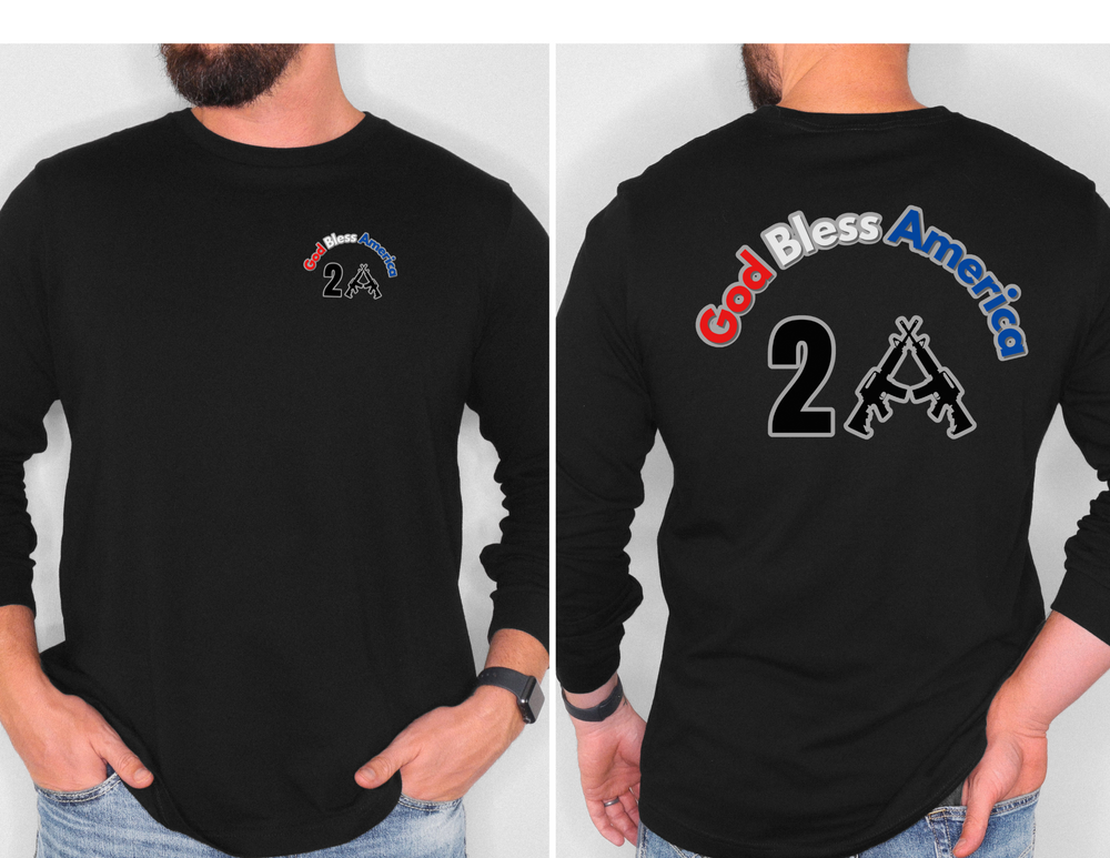 A long-sleeve tee featuring a man in a black shirt with a sticker of two guns. Made of 100% ring-spun cotton for softness and style. Classic fit for comfort. God Bless America 2A Long Sleeve Tee.