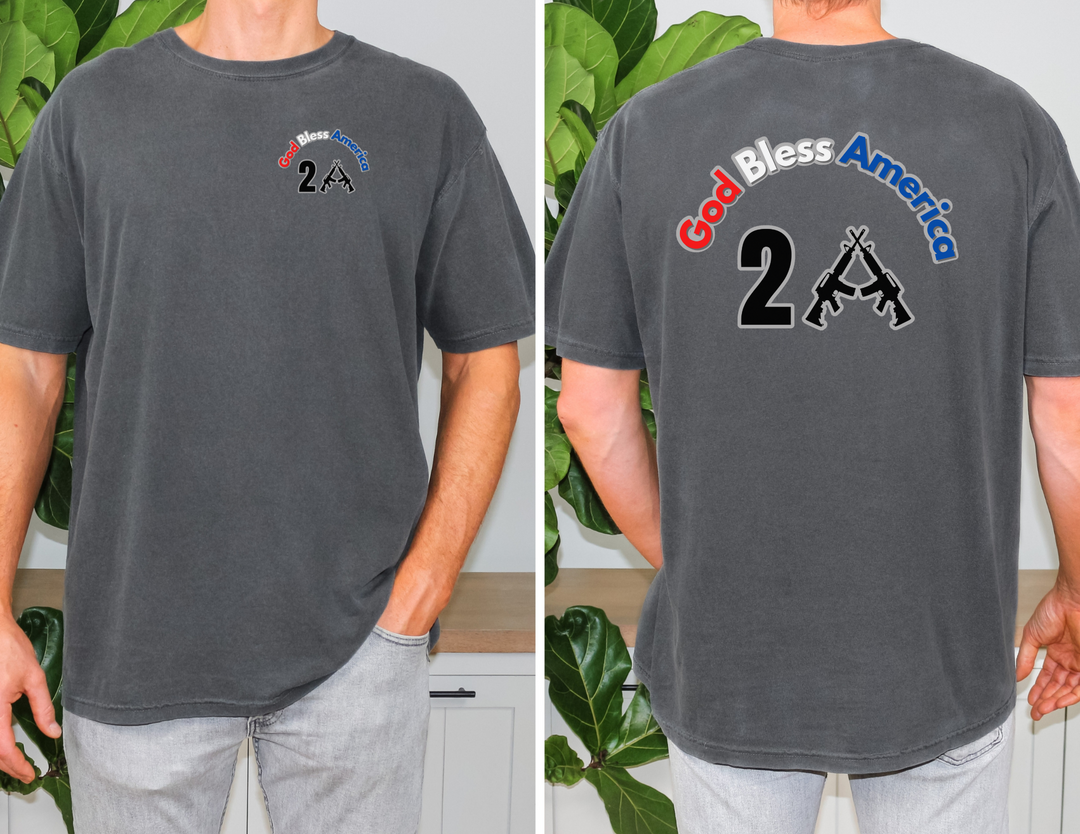 A classic God Bless America 2A Tee, unisex ultra cotton shirt from Worlds Worst Tees. Features ribbed collar, tear-away label, and sustainably sourced materials. Sizes range from S to 5XL.