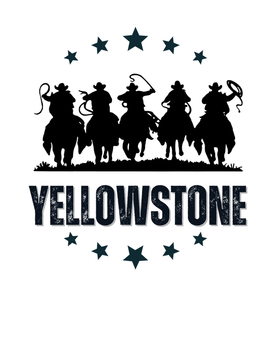 Yellowstone Hoodie: Unisex heavy blend hooded sweatshirt in black with blue stars and text. Cotton-polyester fabric, kangaroo pocket, and drawstring hood. Classic fit, medium-heavy fabric.