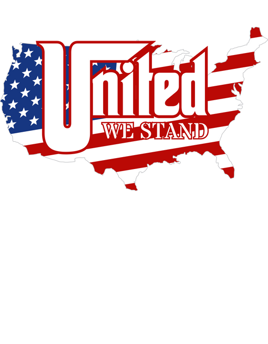 United We Stand Tee: A map of the U.S. with a flag, red, white, and blue design, and a state map with stars. Premium fitted tee in 100% cotton, light fabric, tear-away label, ideal for workouts or daily wear.