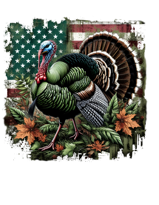 A Turkey Hunting Long Sleeve T-Shirt featuring a turkey with leaves and flowers, close-up feathers, and a flag. Made of 100% ring-spun cotton for softness and style, with a relaxed fit for comfort. From Worlds Worst Tees.