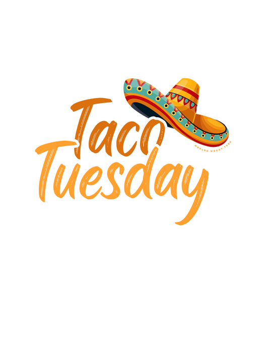 A Taco Tuesday Tee featuring a logo with a sombrero on a yellow and orange background. Unisex heavy cotton shirt with no side seams, tape shoulders, tear-away label, and 100% US cotton.