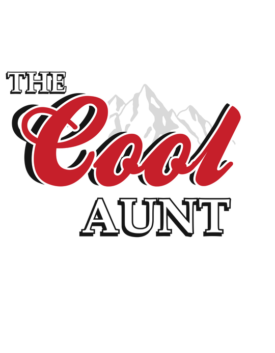 A red and white logo with mountains in the background, featuring The Cool Aunt Crew unisex heavy blend crewneck sweatshirt. Made of 50% cotton, 50% polyester, loose fit, ribbed knit collar, and no itchy side seams.