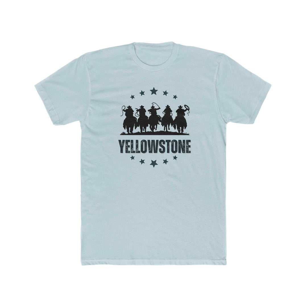 A premium Yellowstone Tee for men, featuring cowboys on horses in a silhouette. Combed, ring-spun cotton, ribbed knit collar, and roomy fit. Ideal for workouts or daily wear.