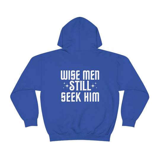 A Wise Men Still Seek Him hoodie, a cozy blend of cotton and polyester, featuring a kangaroo pocket and drawstring hood. Classic fit, tear-away label, perfect for printing. Unisex sizes S-5XL.