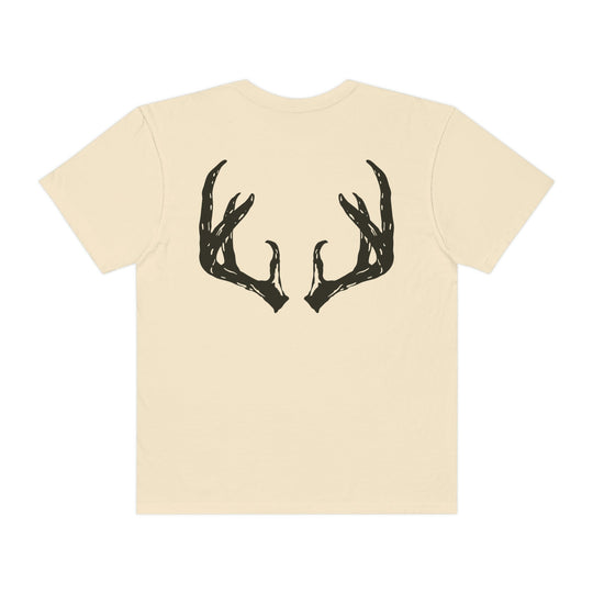 Antler Tee: Back view of a shirt with antlers drawing. 100% ring-spun cotton, garment-dyed for extra coziness. Relaxed fit, double-needle stitching for durability, no side-seams for a tubular shape.