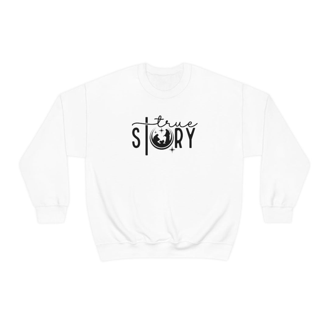 A unisex heavy blend crewneck sweatshirt, the True Story Crewneck, featuring a black and white logo and text on white fabric. Made of 50% cotton and 50% polyester, with a ribbed knit collar and a loose fit.