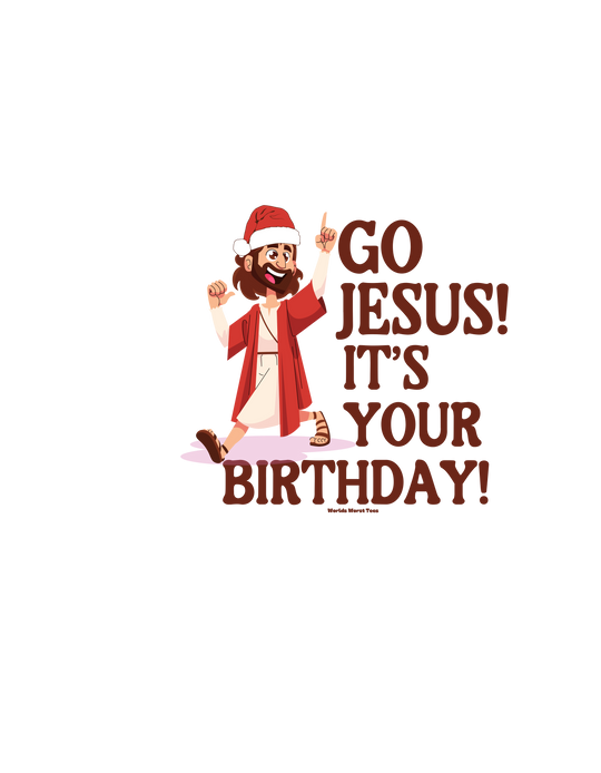 A cartoon of a man in a robe and hat giving a thumbs up, embodying the spirit of the Go Jesus it's your birthday Tee from Worlds Worst Tees. Unisex sweatshirt, 80% ring-spun cotton, 20% polyester, relaxed fit, medium-heavy fabric.