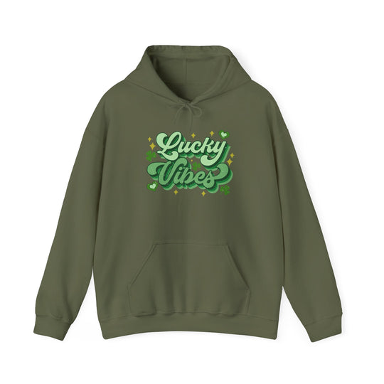 Good Day Lucky Day Hoodie featuring a green logo on a soft, plush unisex sweatshirt with a kangaroo pocket and matching drawstring hood.