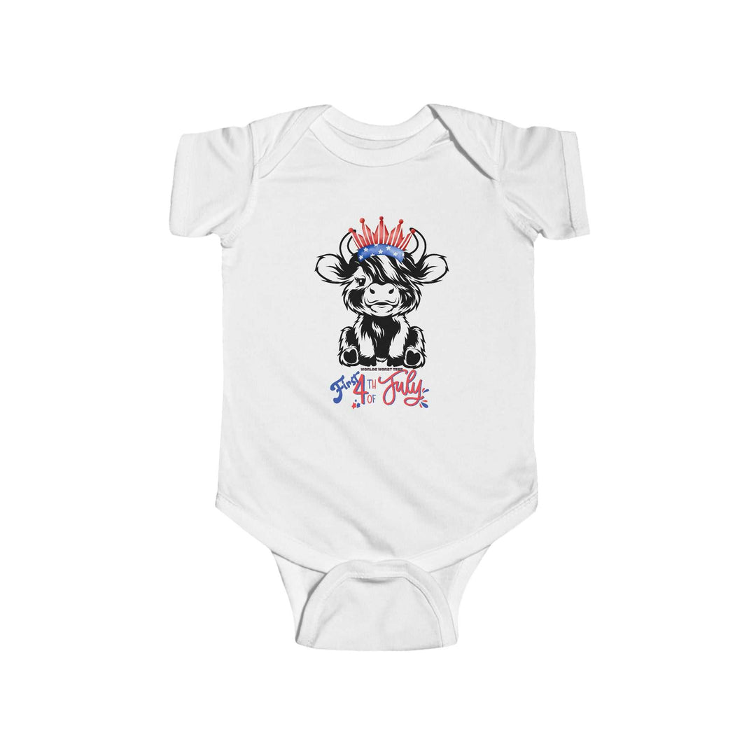 A white baby bodysuit featuring a cow with a crown design, ideal for infants. Made of soft, durable 100% cotton fabric with ribbed knitting for strength. Plastic snaps for easy changing. From 'Worlds Worst Tees'.