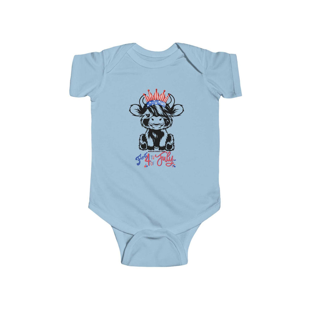 A durable and soft infant fine jersey bodysuit featuring a cow wearing a crown. Made of 100% cotton, with ribbed knitting for durability and plastic snaps for easy changing access. From Worlds Worst Tees.