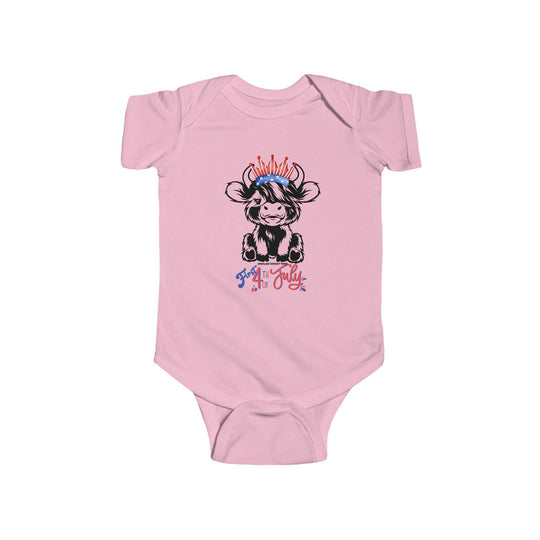 A pink baby bodysuit featuring a cow design, perfect for infants. Made of soft, durable 100% cotton fabric with ribbed knit bindings and plastic snaps for easy changing. From Worlds Worst Tees.