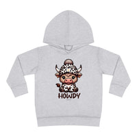 Toddler hoodie featuring a cartoon cow design, durable construction with cover-stitched details, and side seam pockets for cozy wear. From Worlds Worst Tees, the Howdy Toddler Hoodie offers comfort and style.