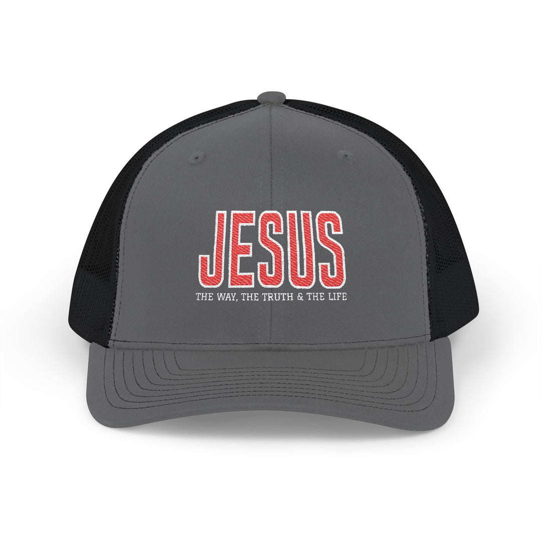 Jesus, the Truth, the Way, the Life Snapback Trucker Cap featuring red embroidery on charcoal gray, with a breathable black mesh back, and adjustable snap closure for comfort.