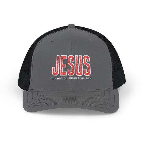 Jesus, the Truth, the Way, the Life Snapback Trucker Cap featuring red embroidery on charcoal gray, with a breathable black mesh back, and adjustable snap closure for comfort.
