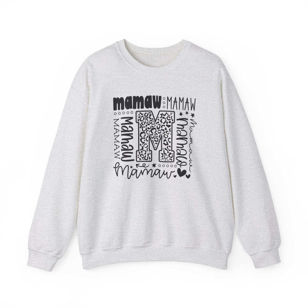 A cozy Mamaw Crew unisex sweatshirt in white with black lettering. Made of 50% cotton and 50% polyester, featuring ribbed knit collar and double-needle stitching for durability. No itchy side seams, ethically grown US cotton.