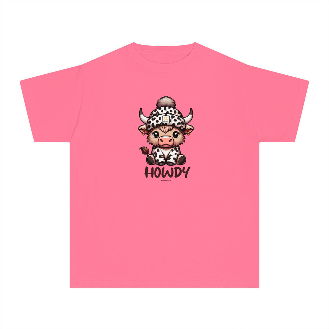 A pink kid's tee featuring a cartoon cow in a hat, designed for comfort and play. 100% combed ringspun cotton, soft-washed, and garment-dyed. Perfect for active kids. From 'Worlds Worst Tees'.