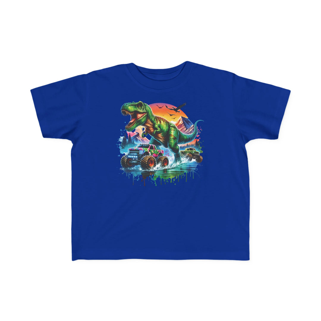 Dino Truck Toddler Tee: Bright blue tee with a vibrant scene of a green T. rex, monster trucks, and a sunset, perfect for sensitive toddler skin.
