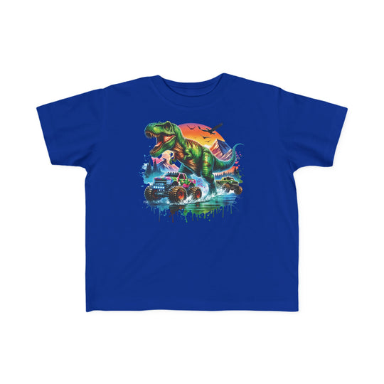 Dino Truck Toddler Tee: Bright blue tee with a vibrant scene of a green T. rex, monster trucks, and a sunset, perfect for sensitive toddler skin.