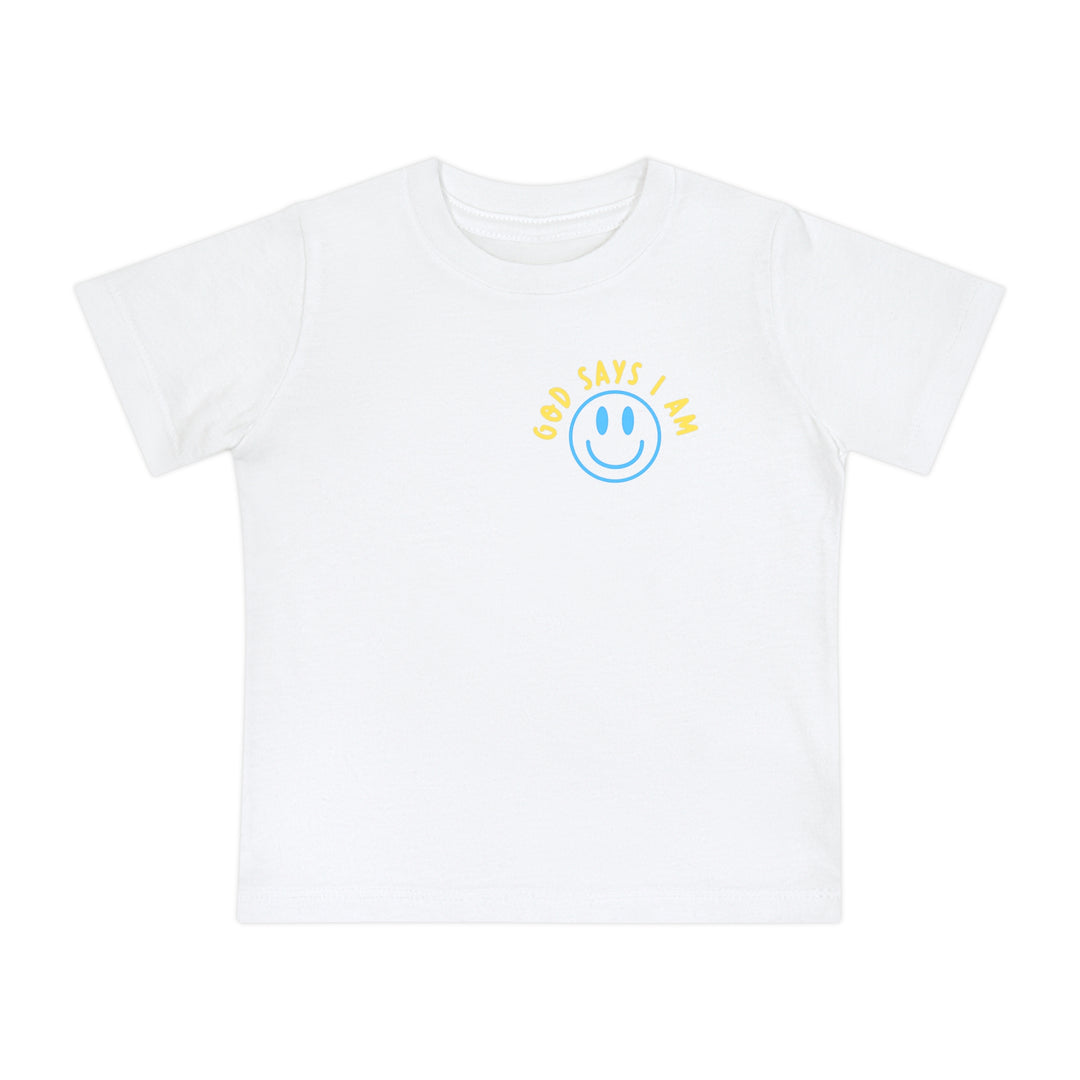 I AM Baby Tee: White short-sleeved, youth-sized T-shirt with a blue smiley face and GOD SAYS I AM in yellow on the left chest.