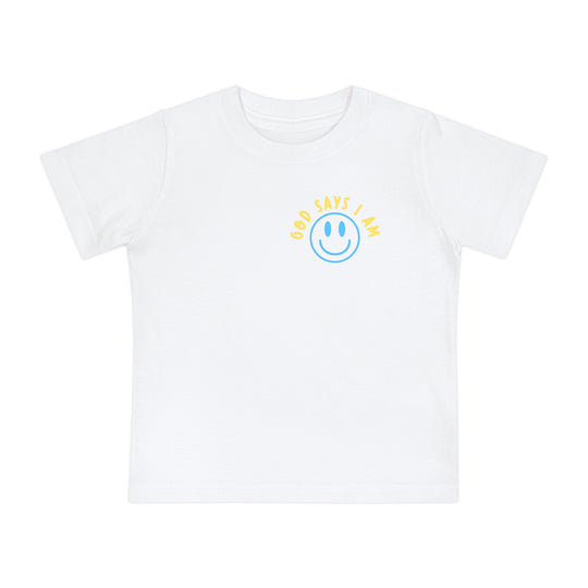 I AM Baby Tee: White short-sleeved, youth-sized T-shirt with a blue smiley face and GOD SAYS I AM in yellow on the left chest.