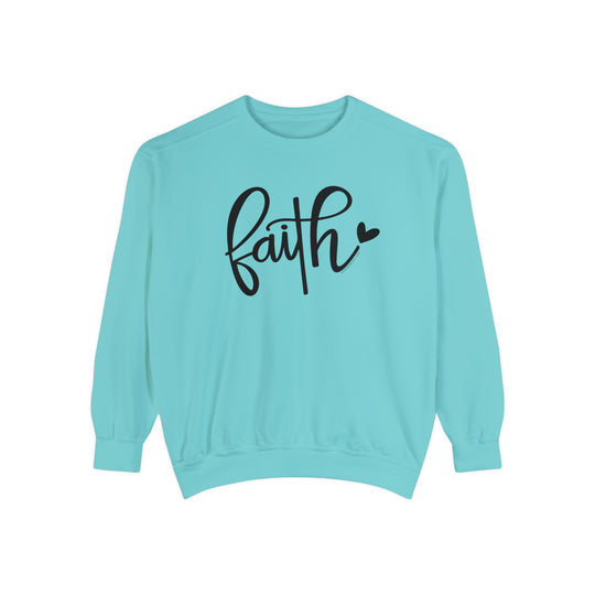 Unisex Faith Crew sweatshirt in blue with black text. Made of 80% ring-spun cotton and 20% polyester, featuring a relaxed fit, rolled-forward shoulder, and back neck patch. Medium-heavy fabric, garment-dyed for luxurious comfort.