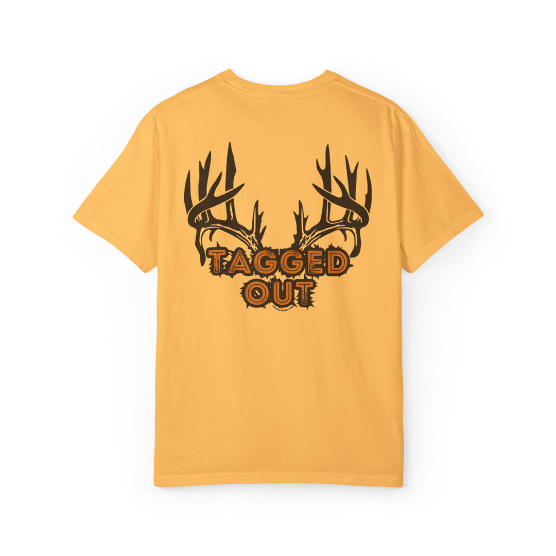 A yellow shirt featuring antlers, part of the Tagged Out Tee collection by Worlds Worst Tees. Unisex, relaxed fit with ring-spun cotton and polyester blend. Garment-dyed sweatshirt with rolled-forward shoulder detail.