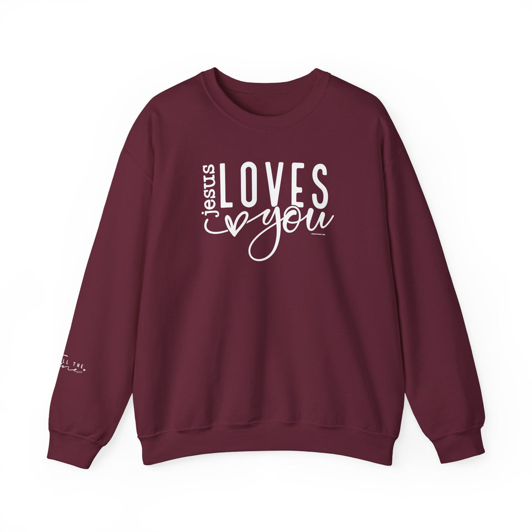 Unisex heavy blend crewneck sweatshirt featuring Jesus Loves You Crew design. Medium-heavy fabric blend of 50% cotton and 50% polyester for cozy warmth. Classic fit, ribbed knit collar, and durable double-needle stitching. No itchy side seams, tear-away label for comfort. Made with 100% ethically grown US cotton.