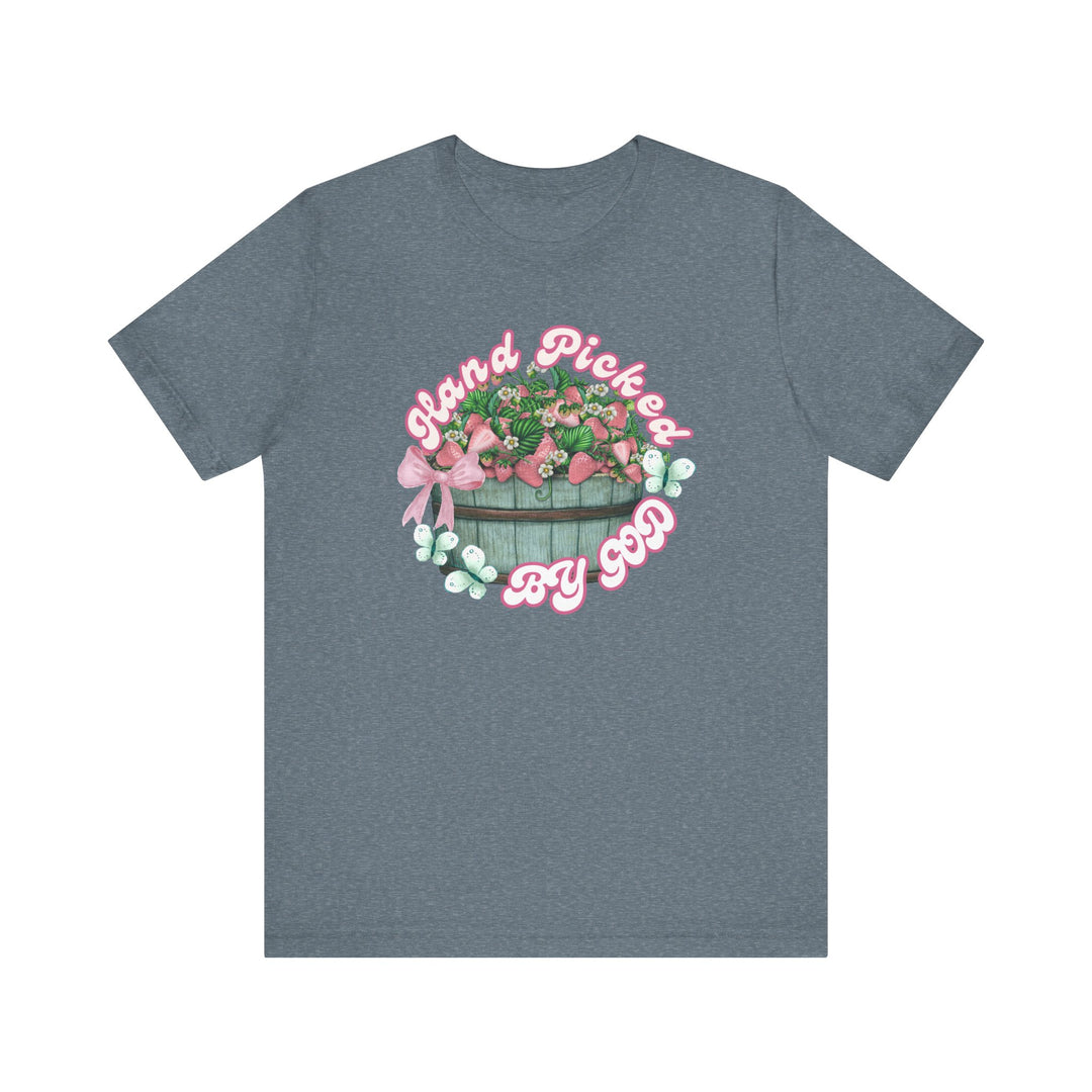 Hand Picked by GOD Tee, a classic unisex jersey short sleeve t-shirt with ribbed knit collars and tapered shoulders, offering a soft cotton feel and quality print.