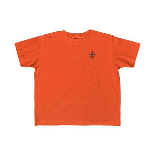 Child of God Tee: A soft, durable orange t-shirt with a cross design. Perfect for toddlers, made of 100% ringspun cotton, light fabric, tear-away label, and a classic fit. Ideal for little adventurers.