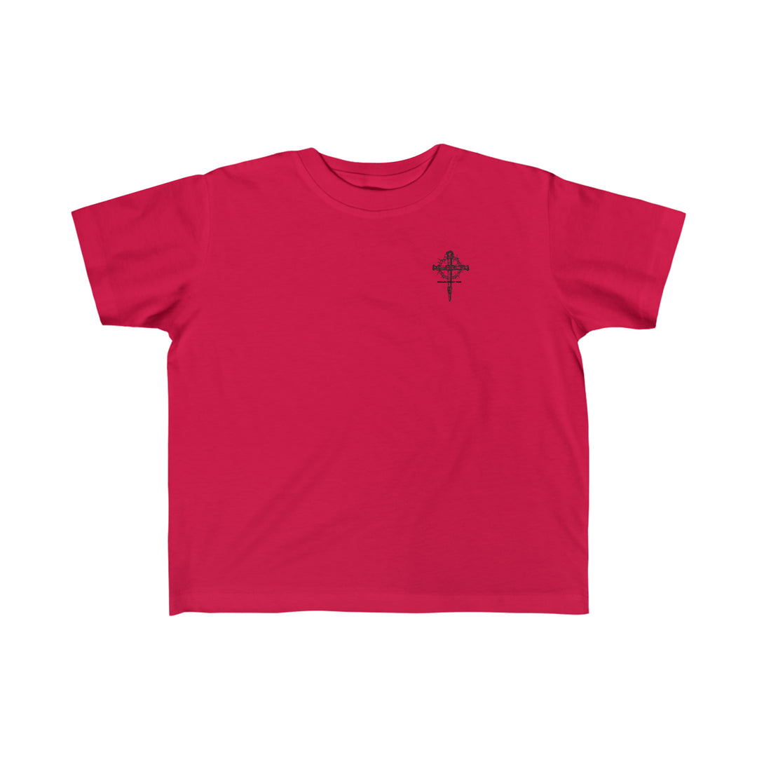 Child of God Tee: Red shirt with black cross, ideal for toddlers. 100% combed ringspun cotton, light fabric, tear-away label, classic fit. Perfect for sensitive skin, durable print.